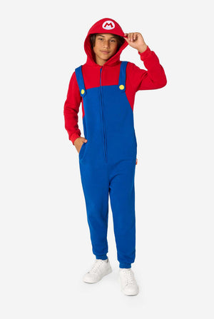 Person wearing a red and blue Mario jumpsuit with a hood on a white background