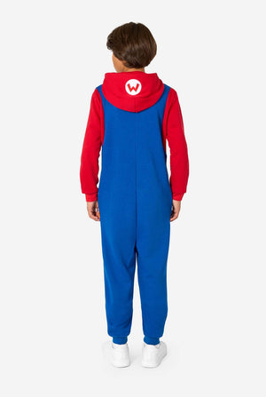 Person wearing a blue and red Mario onesie with a hood on a white background
