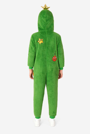 Back view of a green Christmas tree onesie showing star and ornament patches on the back and ribbed green cuffs.