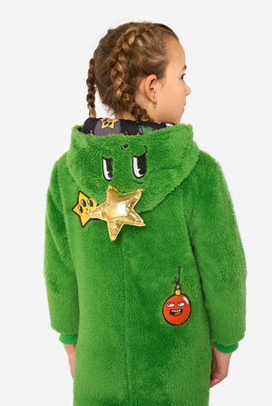 Close-up of the hood of a green Christmas tree onesie with embroidered cartoon eyes and a gold star detail.