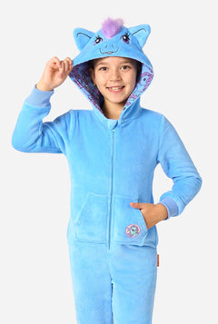 Child wearing a blue My Little Pony onesie with a hood featuring a cartoon character on a white background