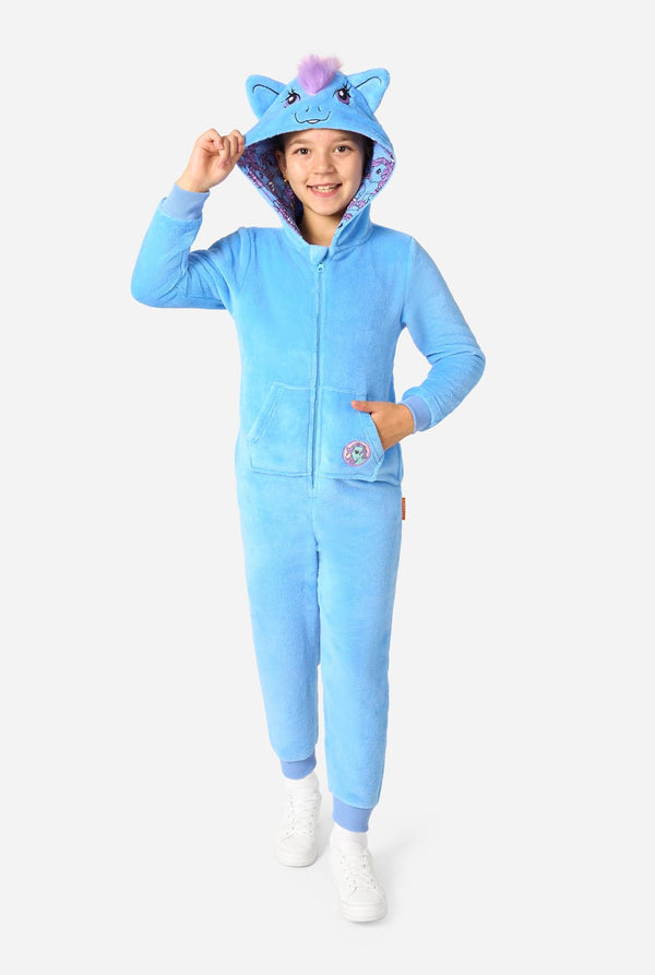 Child wearing a blue onesie resembling a My Little Pony on a light background. Full body image.