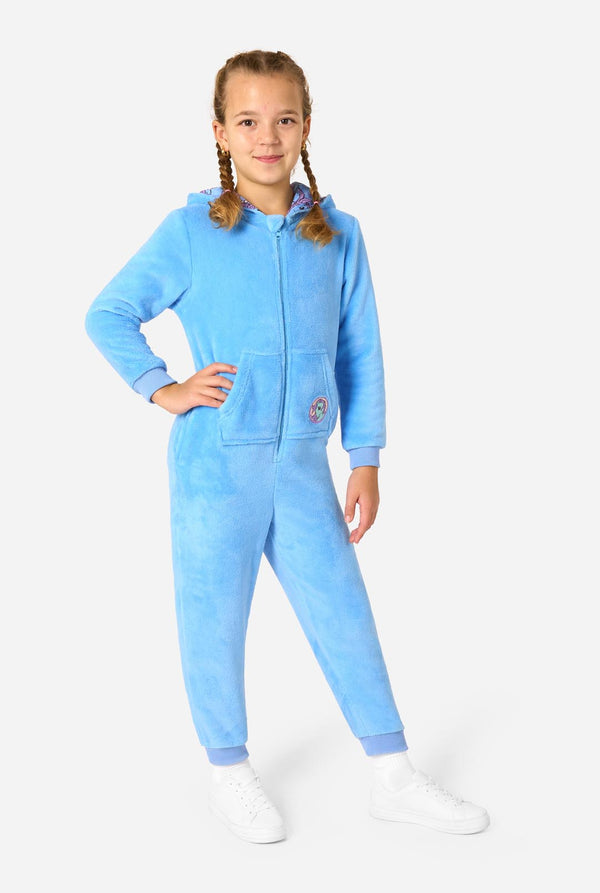 Child wearing a blue onesie resembling a My Little Pony on a light background. Full body image with the hood down.