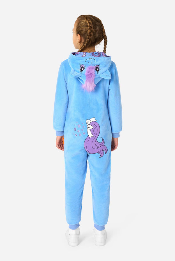Child wearing a blue onesie resembling a My Little Pony on a light background. View from the back.