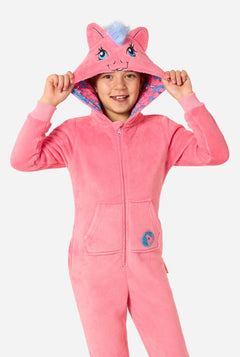 Child wearing a pink My Little Pony onesie with a hood featuring animal ears on a white background