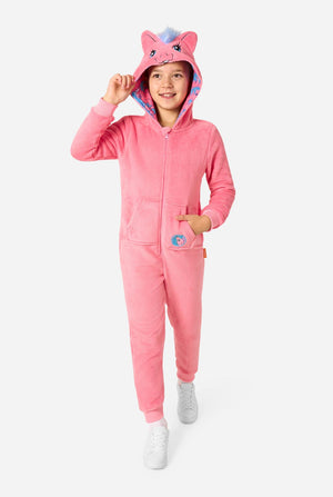Child wearing a pink onesie resembling a My Little Pony on a light background. Full body image.