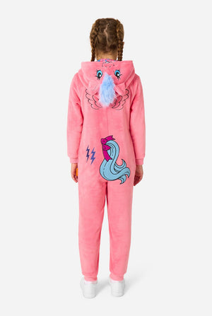 Child wearing a pink onesie resembling a My Little Pony on a light background. View from the back.