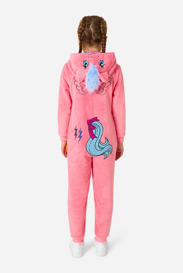 Child wearing a pink onesie resembling a My Little Pony on a light background. View from the back.