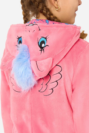 Child wearing a pink onesie resembling a My Little Pony on a light background. Close up from the back.