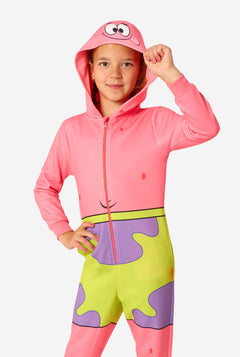 Child wearing a colorful Patrick onesie with a hood on a white background