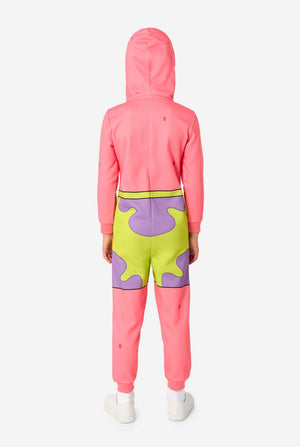 Back view of a child wearing a pink Patrick Star onesie with a neon green and purple shorts print and plain pink hood.