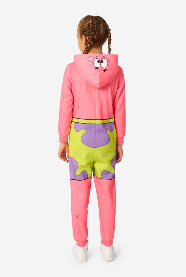 Back view of a child in a pink Patrick Star onesie, showing the hood printed with Patrick’s eyes and the bright green and purple shorts print.