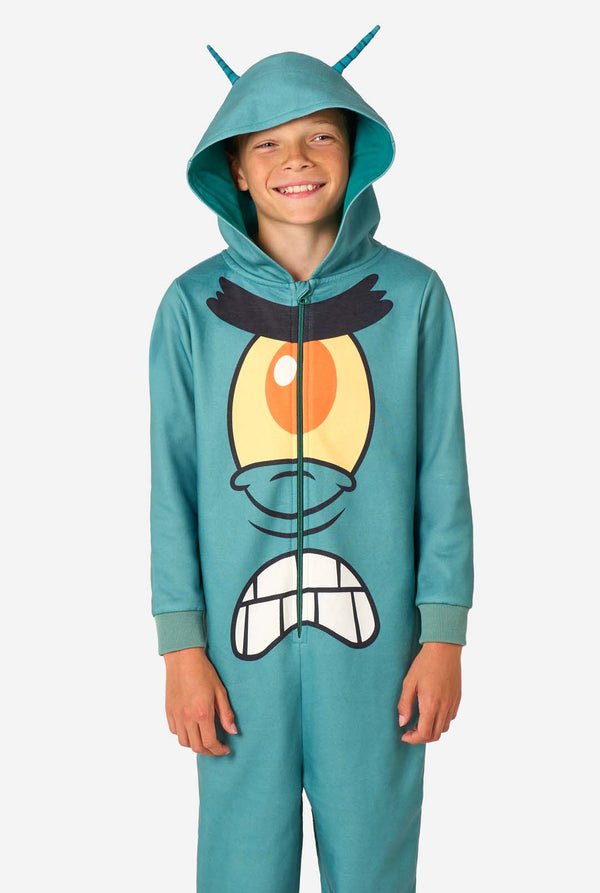 Child wearing a teal Plankton-themed onesie with a hood featuring two teal striped antennae and a large cartoon face on the front.