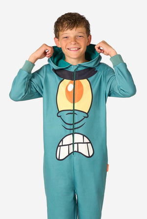Child in a teal Plankton onesie holding the hood’s sides, showing the large orange-and-yellow eye, black eyebrow, and wide cartoon teeth on the front.