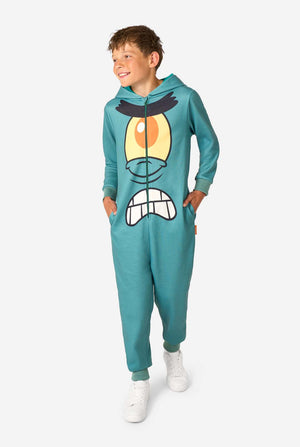 Full-body front view of a child walking while wearing a teal Plankton onesie with a large printed cartoon face and teal cuffs.