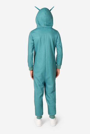 Full-body back view of a child wearing a teal onesie with a hood that includes two teal striped antennae.