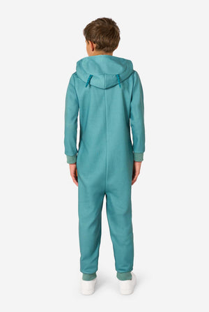Back view of a child wearing a teal onesie with a hood lifted down slightly, showing two teal striped antennae attached.
