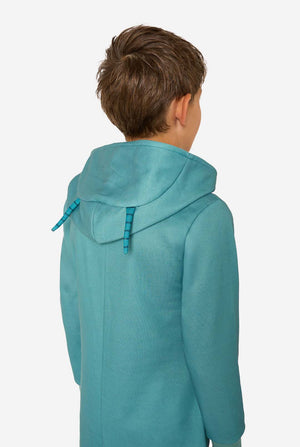 Close-up of the onesie’s hood from the back, showing two teal striped antennae extending from the top.