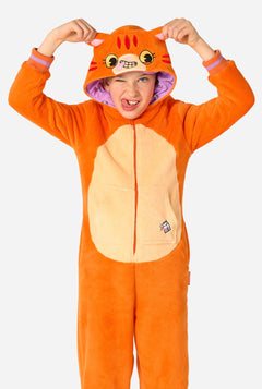Child wearing an orange cat-themed onesie on a white background