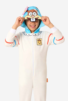 Person wearing a Spongebob-themed onesie with a white background
