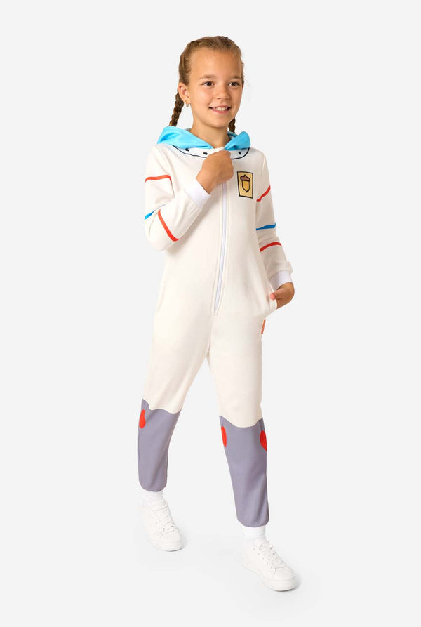 Child in a white Sandy Cheeks onesie holding the blue hood near the neck, showing red and blue stripes on the sleeves and grey lower legs.