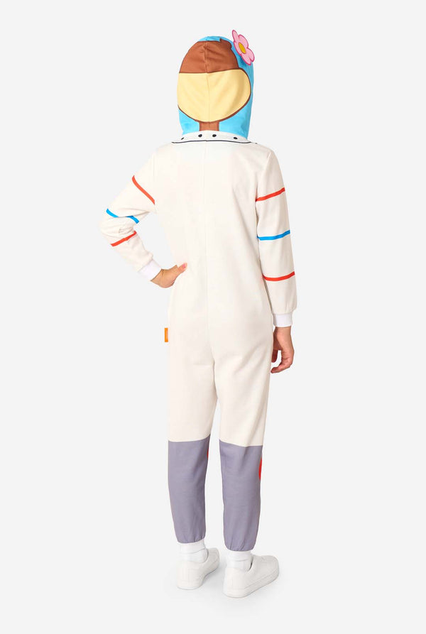 Person wearing a colorful onesie with a hood on a white background