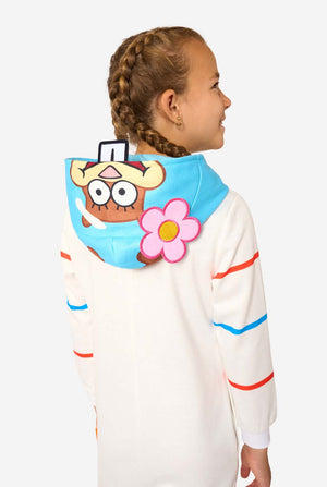 Close-up back view of the blue hood on the Sandy Cheeks onesie, showing Sandy’s cartoon face and a large pink flower.