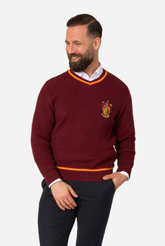 A man wearing a maroon ribbed V-neck Harry Potter Gryffindor sweater with yellow and orange trim, featuring the Gryffindor house crest on the left chest, styled over a white collared shirt and dark trousers, set against a plain light gray background.