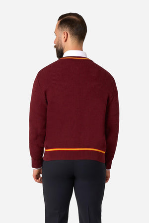 A man viewed from the back wearing a burgundy ribbed knit sweater with orange and yellow stripes at the collar and hem, paired with dark trousers against a light gray background.