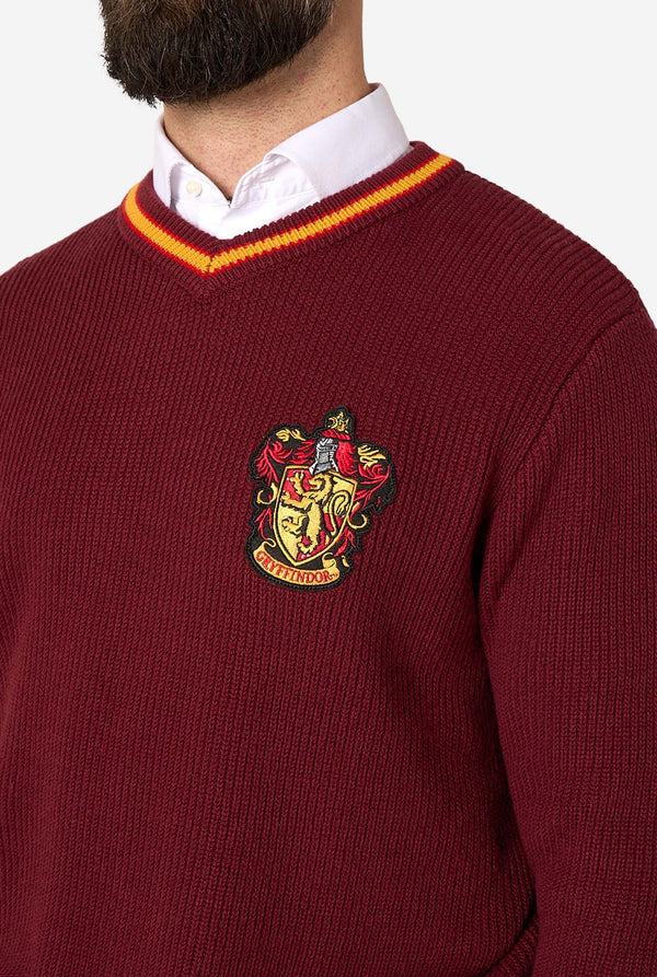 A close-up of a man wearing a maroon ribbed knit Harry Potter Gryffindor sweater with a yellow and orange striped V-neck trim, featuring an embroidered Gryffindor crest on the left chest, layered over a white collared shirt.