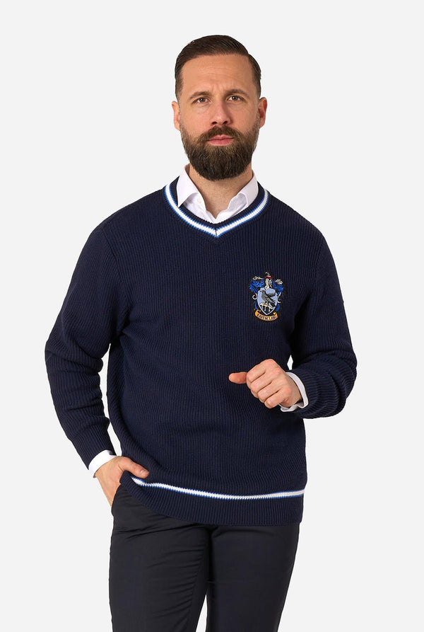 A man wearing a navy blue knitted V-neck Harry Potter Ravenclaw sweater with white and light blue trim, featuring a printed crest on the left chest, styled over a white collared shirt and dark trousers against a light gray background.