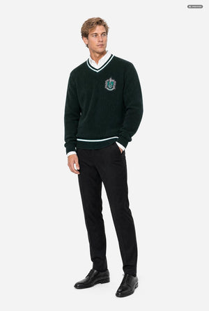 A man wearing a dark green knit v-neck Harry Potter sweater with white and light green trim, featuring a Slytherin crest on the chest, layered over a white collared shirt and paired with black trousers, set against a plain light gray background. Full body image.