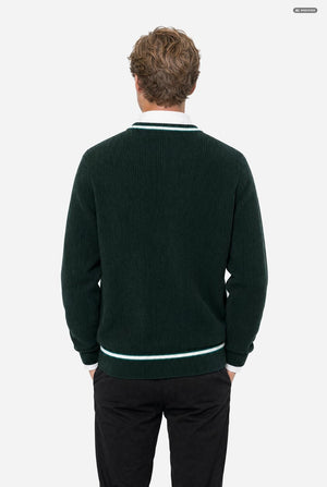 A man wearing a dark green knit v-neck Harry Potter sweater with white and light green trim, over a white collared shirt and paired with black trousers, set against a plain light gray background. View from the back.