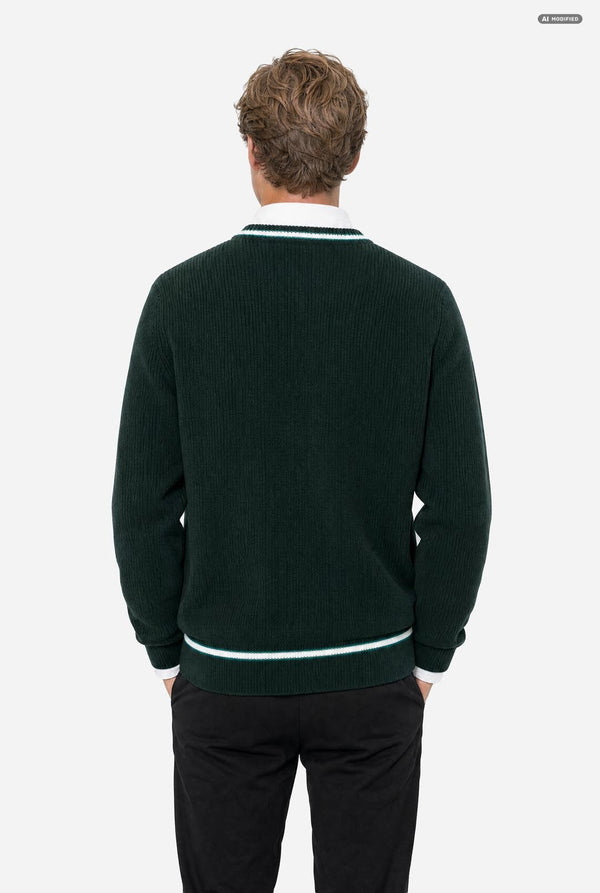 A man wearing a dark green knit v-neck Harry Potter sweater with white and light green trim, over a white collared shirt and paired with black trousers, set against a plain light gray background. View from the back.