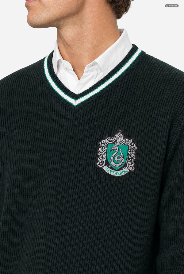 A man wearing a dark green knit v-neck Harry Potter sweater with white and light green trim, featuring a Slytherin crest on the chest, layered over a white collared shirt, set against a plain light gray background. Chest close-up.