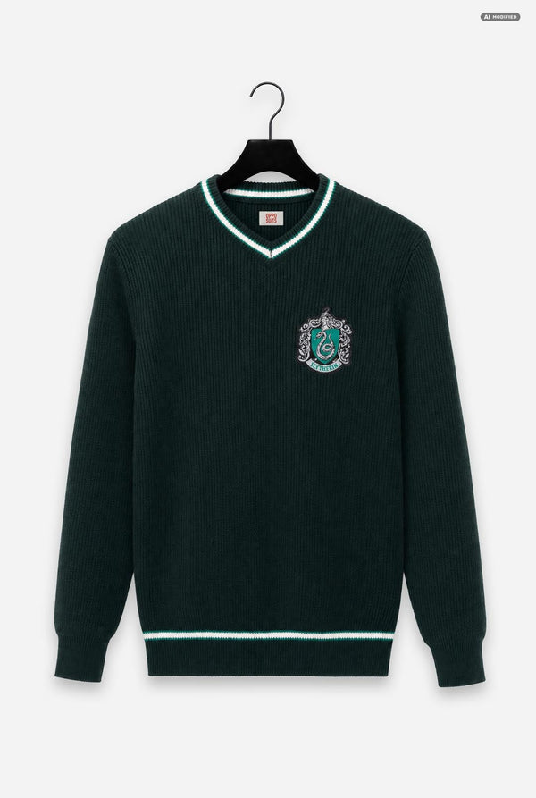 A dark forest green ribbed knit sweater with a V-neck, featuring light green and white trim and a Slytherin crest embroidered on the left chest, displayed on a black hanger against a light gray background.