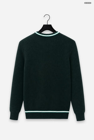 A dark forest green ribbed knit sweater with a V-neck, featuring light green and white trim displayed on a black hanger against a light gray background.