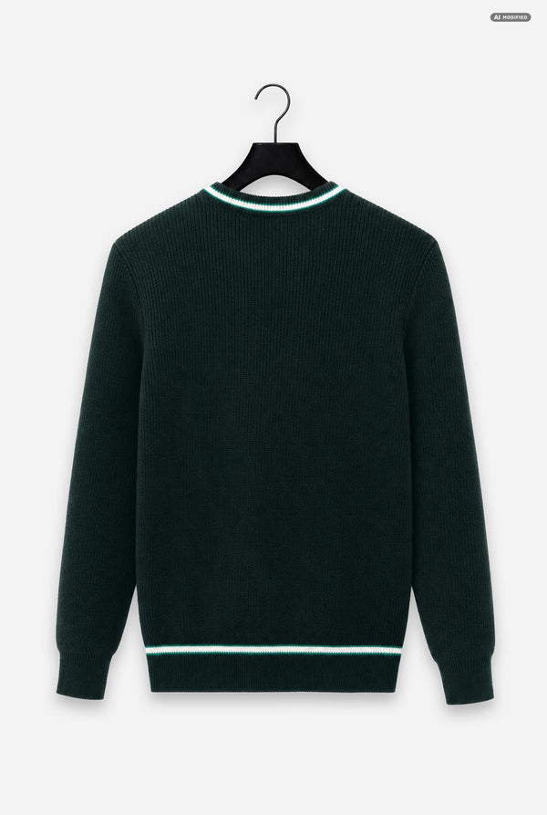 A dark forest green ribbed knit sweater with a V-neck, featuring light green and white trim displayed on a black hanger against a light gray background.