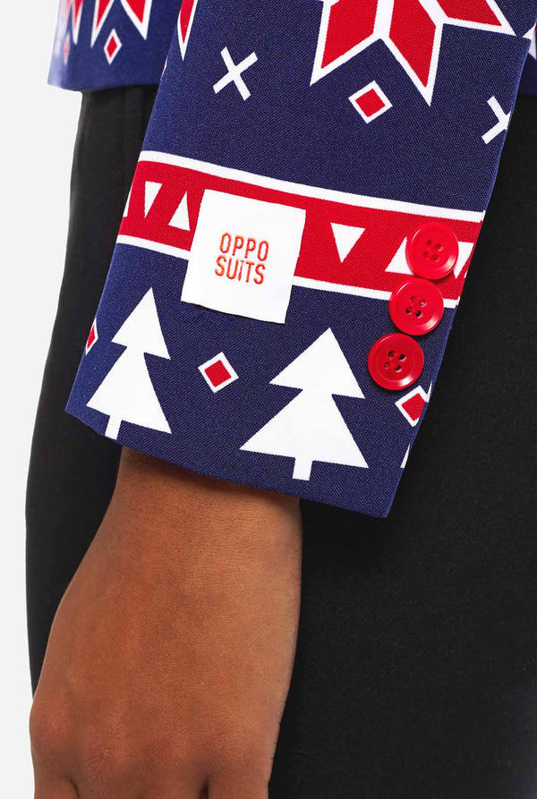 Woman wearing Christmas blazer with Nordic print, sleeve close up
