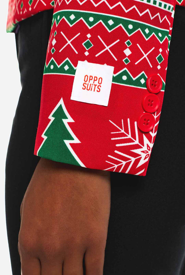 Woman wearing Christmas blazer with Winter print, sleeve close up