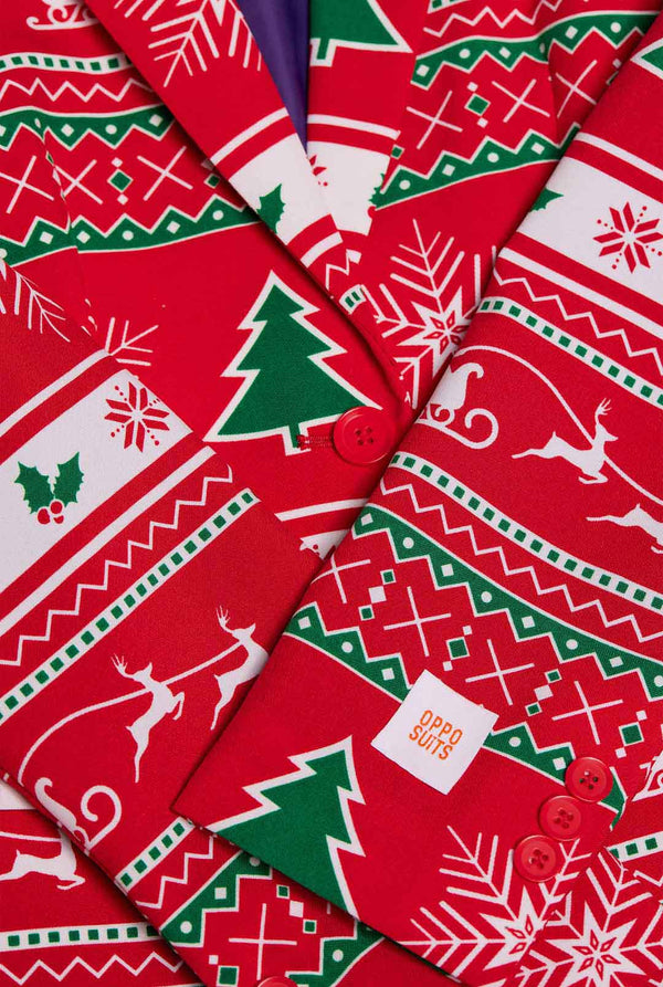 Woman wearing Christmas blazer with Winter print, close up