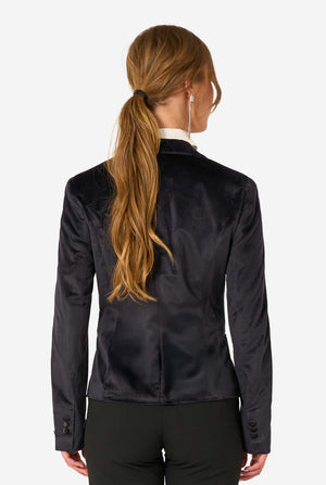 Person wearing a black satin jacket on a white background