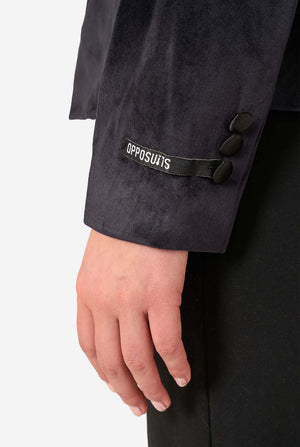 Black suit jacket with 'OPPOSUITS' label on a white background