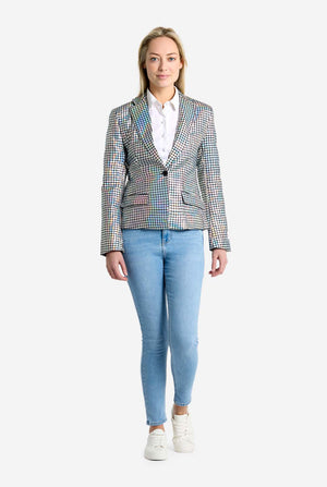 Woman wearing a checkered Discoball blazer and light blue jeans on a white background