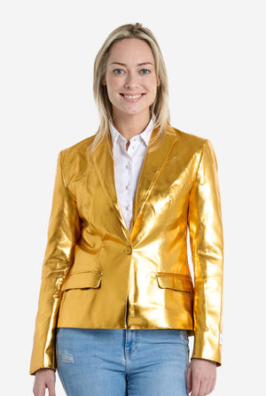 Woman wearing a shiny gold jacket on a white background