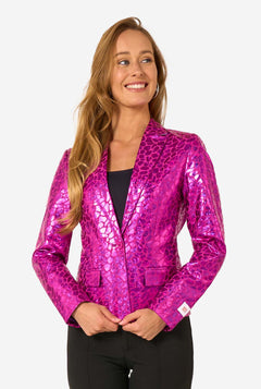 Woman wearing a bright pink shiny jacket on a white background