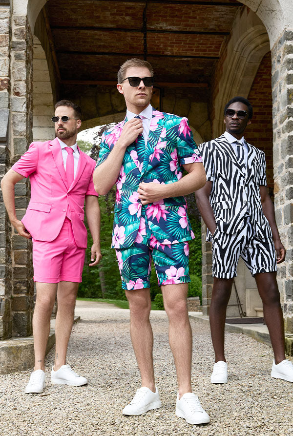 Image of 3 men wearing a summer suit. Full body image.