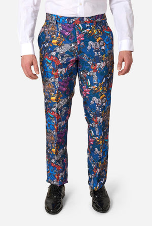 Man wearing a colorful suit with Transformer pattern on a light background. Pants close up.