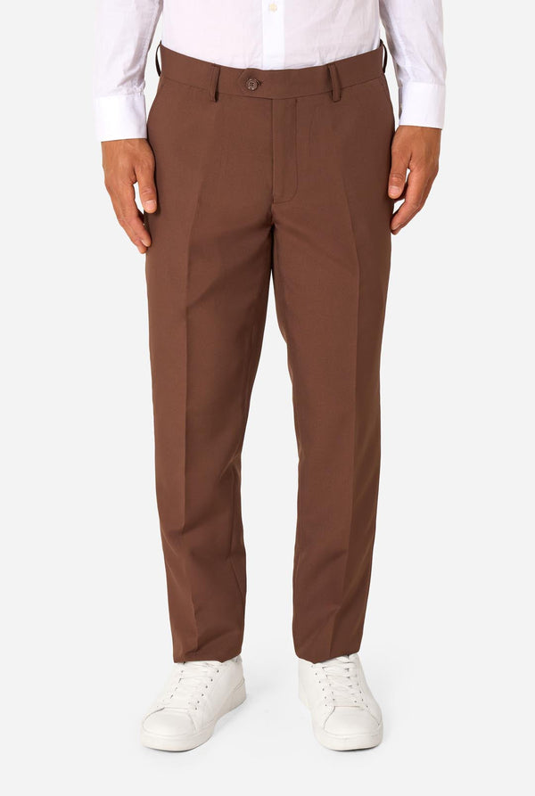 Close-up of brown suit trousers showing the waistband, front closure, and straight-leg fit.