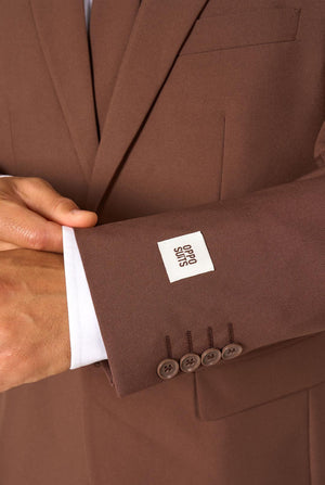 Close-up of the sleeve of a brown suit jacket showing four brown buttons and a white OppoSuits label.